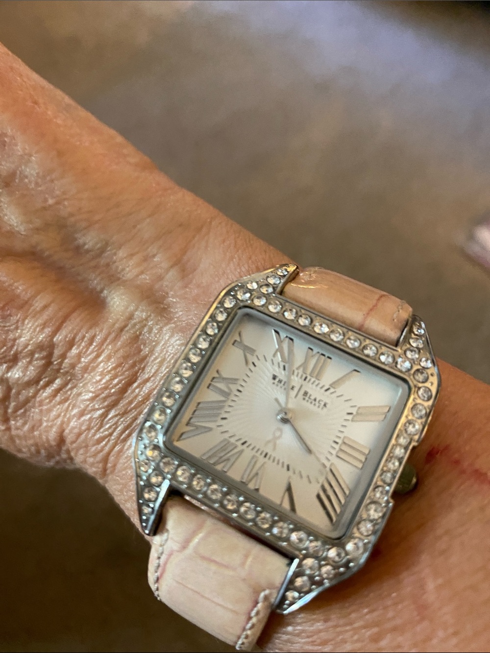 White House Black Market Silver-Tone Crystal Square Watch with Pale Pink Strap